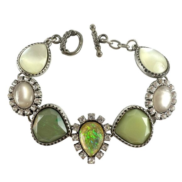 unbranded Jewelry - Silver Tone Toggle 7.5" Bracelet Green & White with Rhinestones